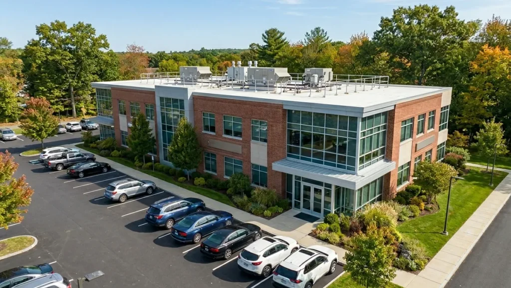 Two-story brick commercial office building with rooftop HVAC units