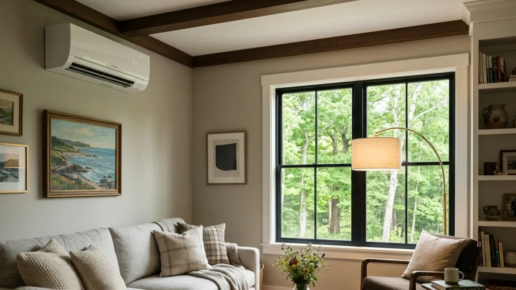 Wall-mounted ductless mini split above a sofa in a bright living room