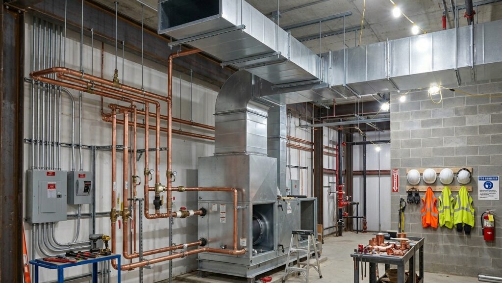 Commercial mechanical room with copper piping and sheet-metal ductwork