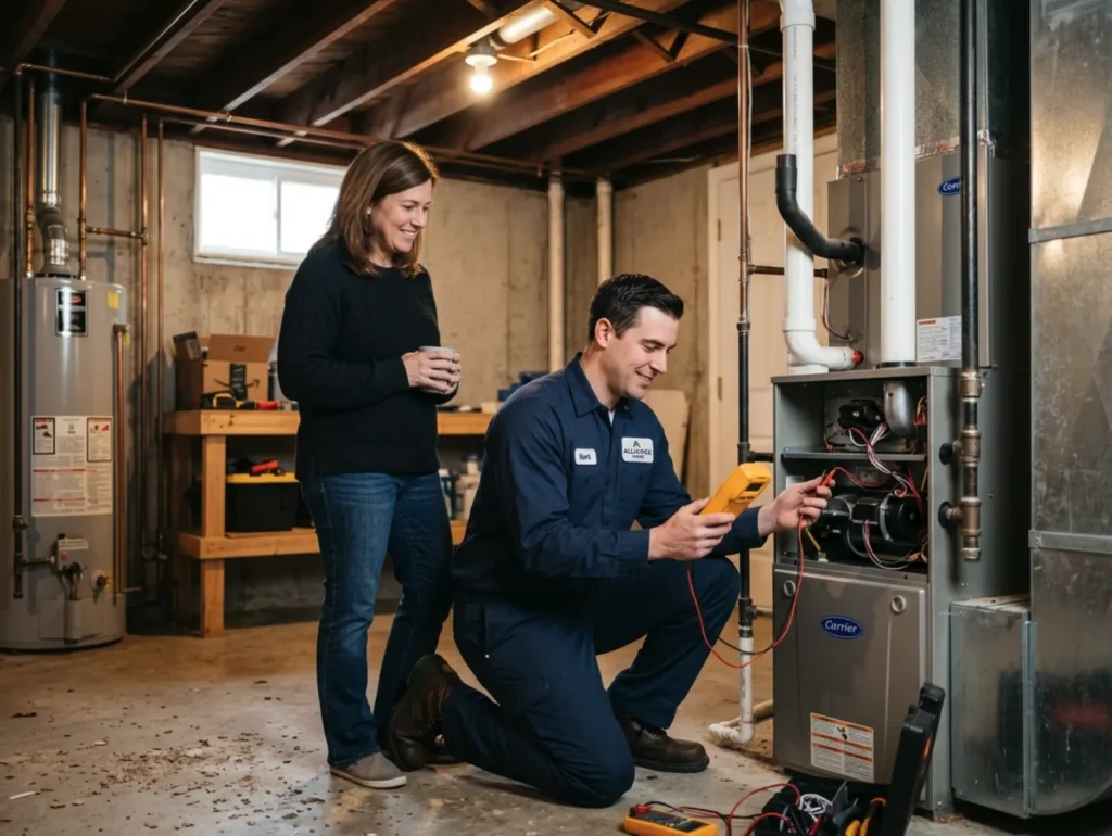 HVAC technician servicing a heating system in a home basement