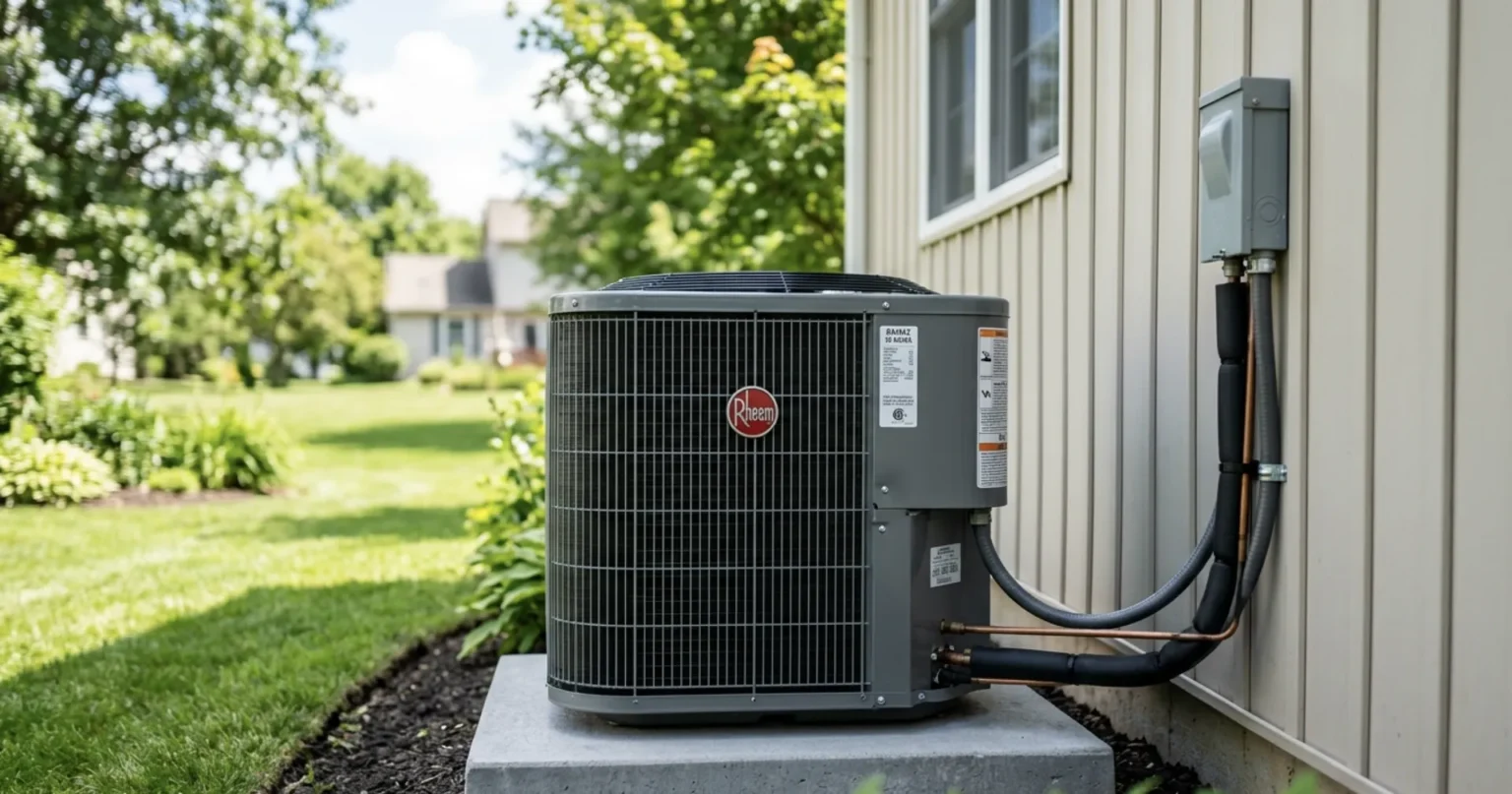 Outdoor air conditioning condenser unit beside a house