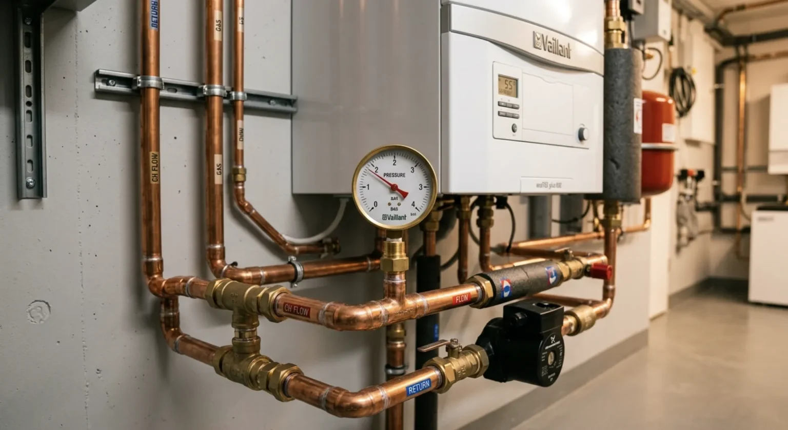 High-efficiency boiler installed in a home utility room