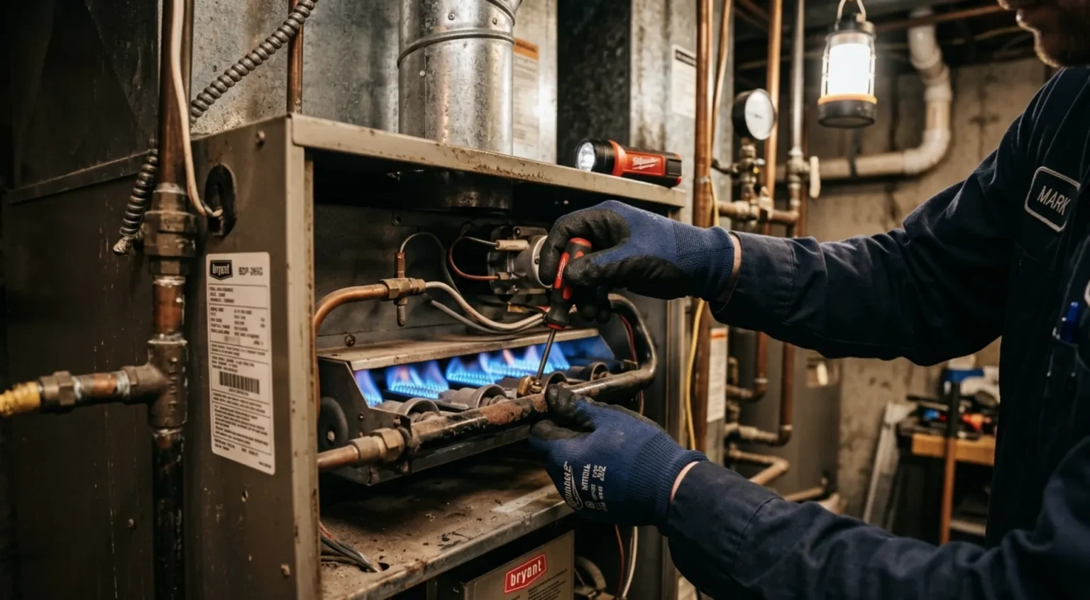 Technician repairing a residential furnace