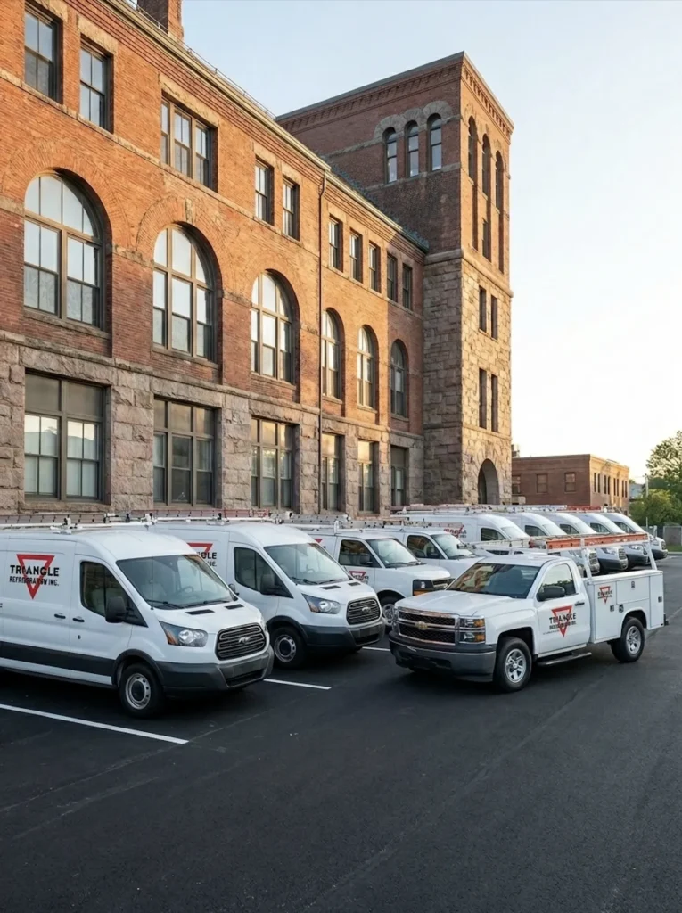 Triangle Mechanical service trucks outside the Fall River shop