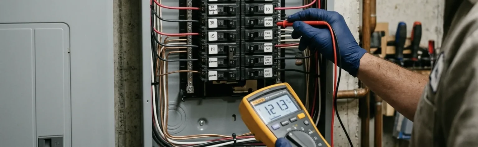 Open electrical service panel with circuit breakers