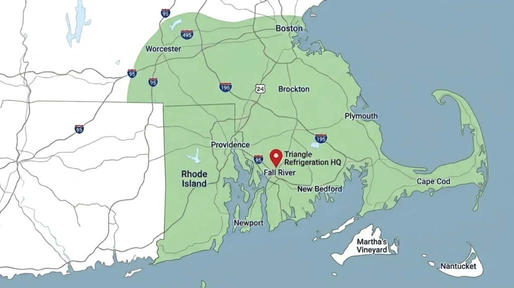 Triangle Mechanical Services service area map — Southeastern Massachusetts and Rhode Island