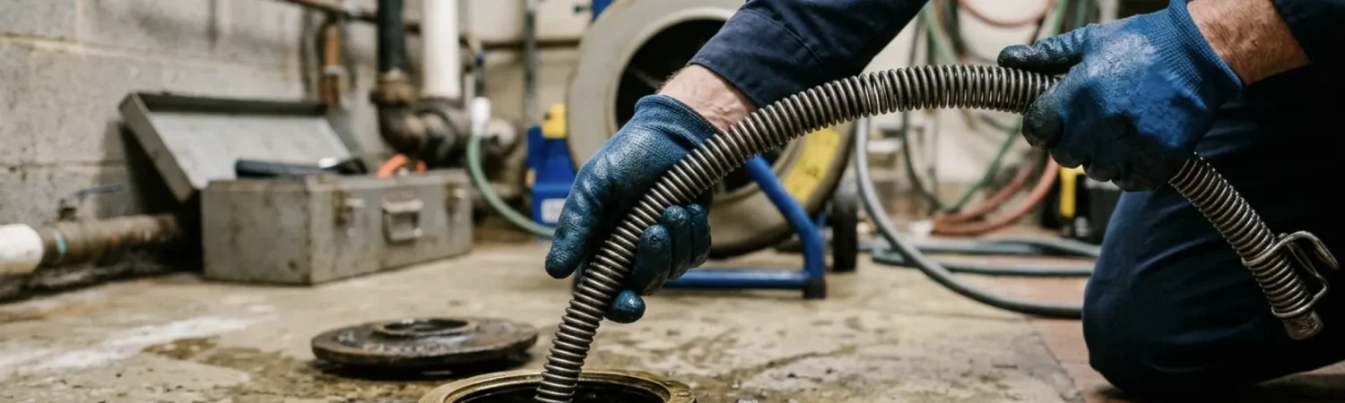 Plumber performing drain cleaning and pipe repair