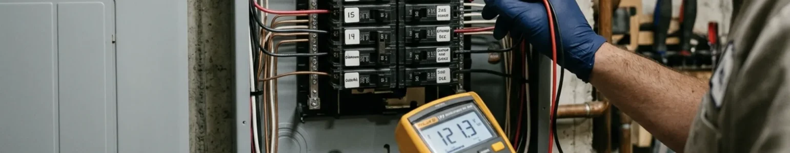 Open electrical service panel with circuit breakers