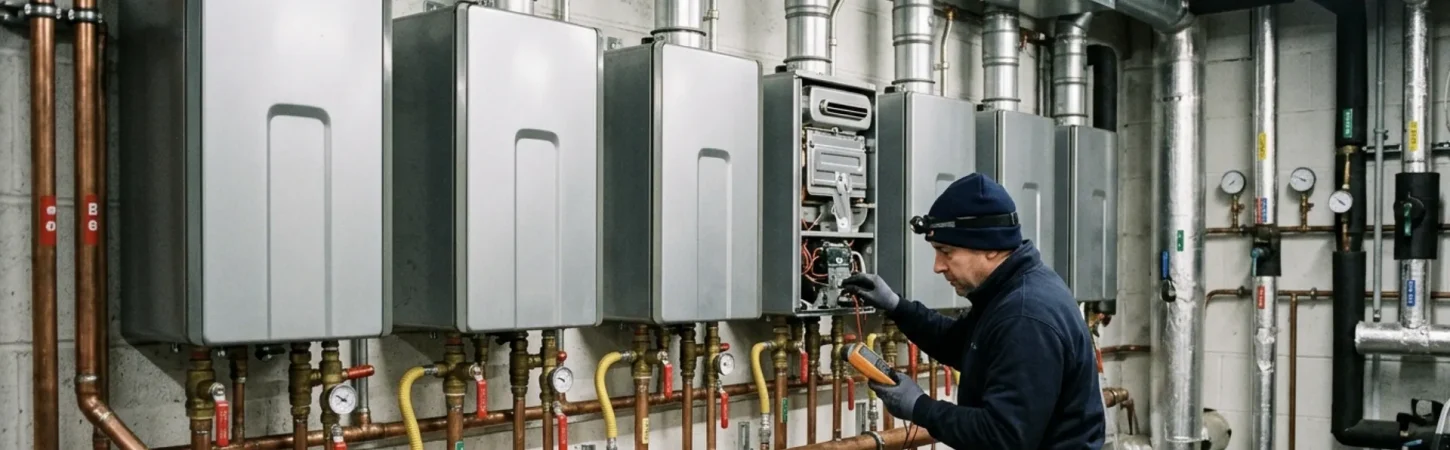 Tankless water heater mounted on a wall