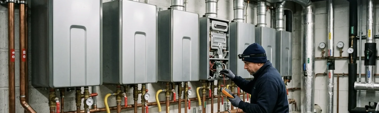 Tankless water heater mounted on a wall